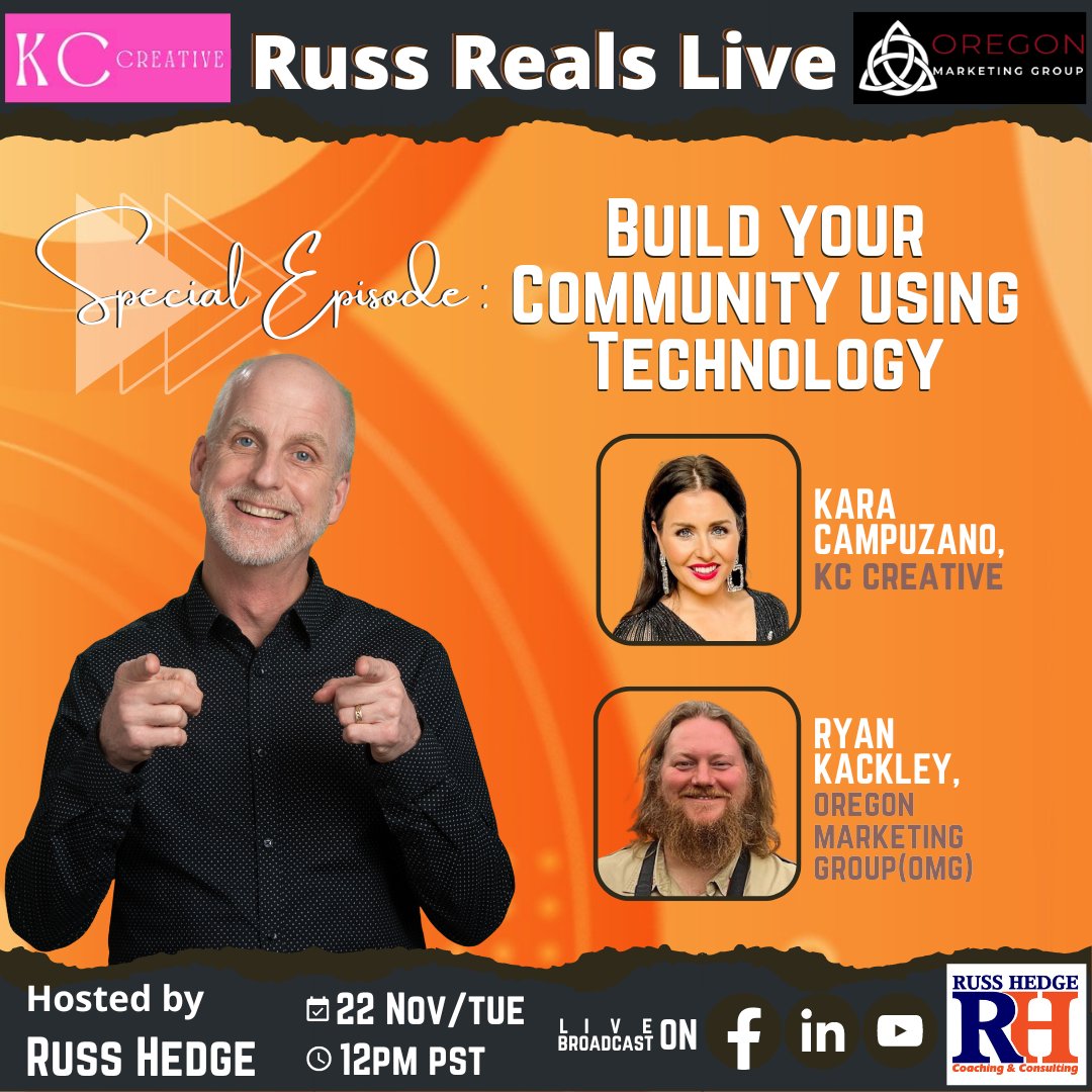 russhedge's tweet photo. Russ Reals Live โ Special Episode: Build Your Community Using Technology
22 November. Tuesday, 12pm PST
With Kara Campuzano and Ryan Kackley
#connection #RussReals #InspirationSpecialist https://t.co/tXuphBNq4c