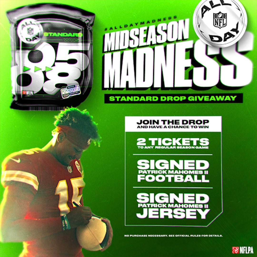 NFL's tweet photo. Looking to win some sweet prizes? @NFLALLDAY's got youπ
Join the drop queue β‘οΈ entered to win NFL tix + signed @PatrickMahomes gear
Post your pack pull with #ALLDAYMadness β‘οΈentered to win an @ochocinco signed football.
Sign up + join the drop now: https://t.co/saNczGLu47 https://t.co/cvNlqwW83T