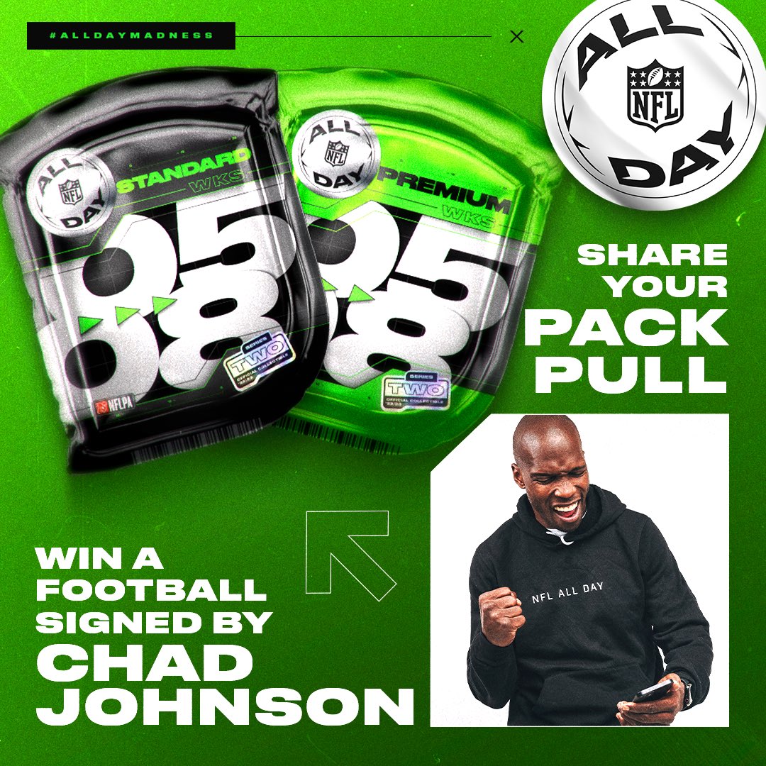 NFL's tweet photo. Looking to win some sweet prizes? @NFLALLDAY's got youπ
Join the drop queue β‘οΈ entered to win NFL tix + signed @PatrickMahomes gear
Post your pack pull with #ALLDAYMadness β‘οΈentered to win an @ochocinco signed football.
Sign up + join the drop now: https://t.co/saNczGLu47 https://t.co/cvNlqwW83T