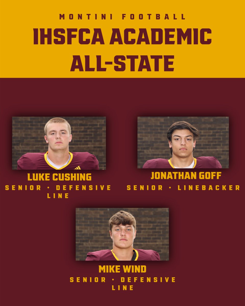 Congratulations to Luke Cushing, Jonathan Goff, and Mike Wind for being named to the Illinois High School Football Coaches Association Academic All-State Team! And special congratulations to Luke for also being named Honorable Mention All-State!