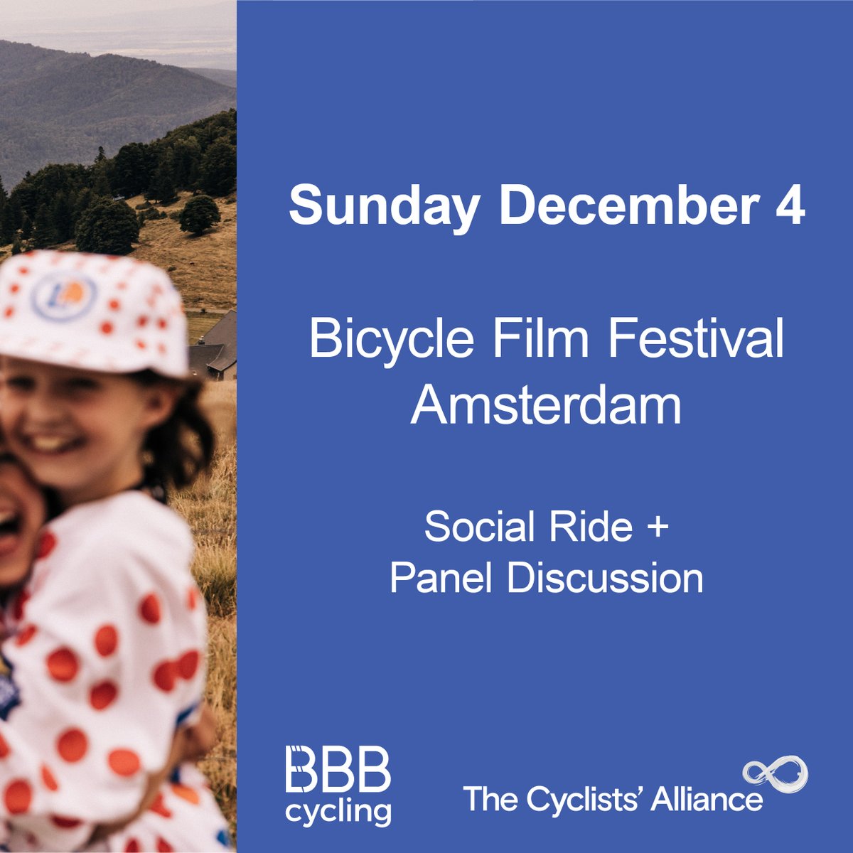 The Cyclists Alliance will be at the #Amsterdam edition of <a href="/bffworld/">Bicycle Film Festival</a>! Join us December 4 for a social group ride. 

An exciting panel discussion hosted by <a href="/JoseBeenTV/">josebeentv</a>, with <a href="/irisslappendel/">Iris Slappendel</a>, <a href="/ellenvdijk/">Ellen van Dijk</a>, <a href="/MajaLeye/">Maja Leye</a> &amp; Nancy Ankiny will follow!

Info: cyclistsalliance.org/2022/11/tca-at…