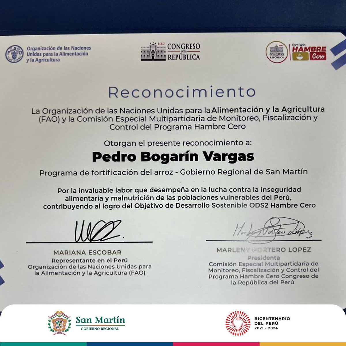 GobSanMartin's tweet photo. ¡Buenas noticias!  La Organización de las Naciones Unidas para la Alimentación y la Agricultura (FAO) y la Comisión Especial Multipartidaria de Monitoreo, Fiscalización y Control del Programa Hambre Cero entregó un reconocimiento especial al gobernador @VargasBogarin https://t.co/yIlDGsZRvZ