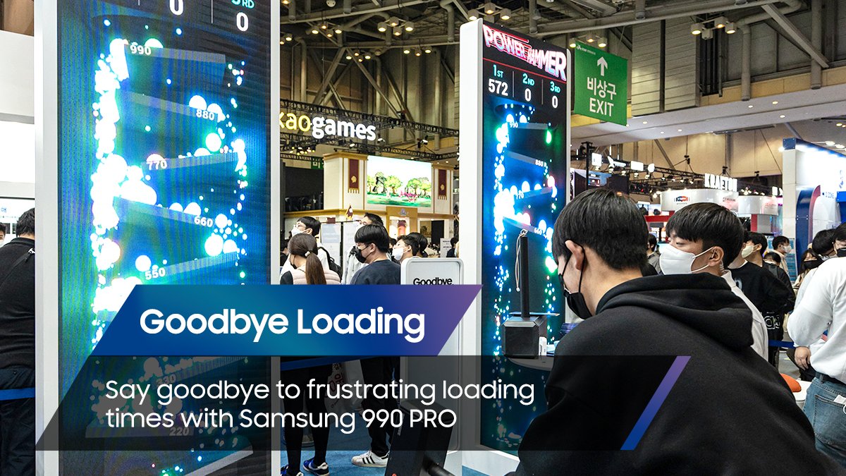 SamsungDSGlobal's tweet photo. Gamers are filling our Samsung Memory booth at G-STAR! ❤️🔥 Thanks to the #990PRO, they're now happily gaming away without feeling the frustration of loading times. See photos for what’s happening.#SamsungElectronics #GSTAR2022 #990PRO #T7Shield #GoodbyeLoading https://t.co/cH0dt6KCyb
