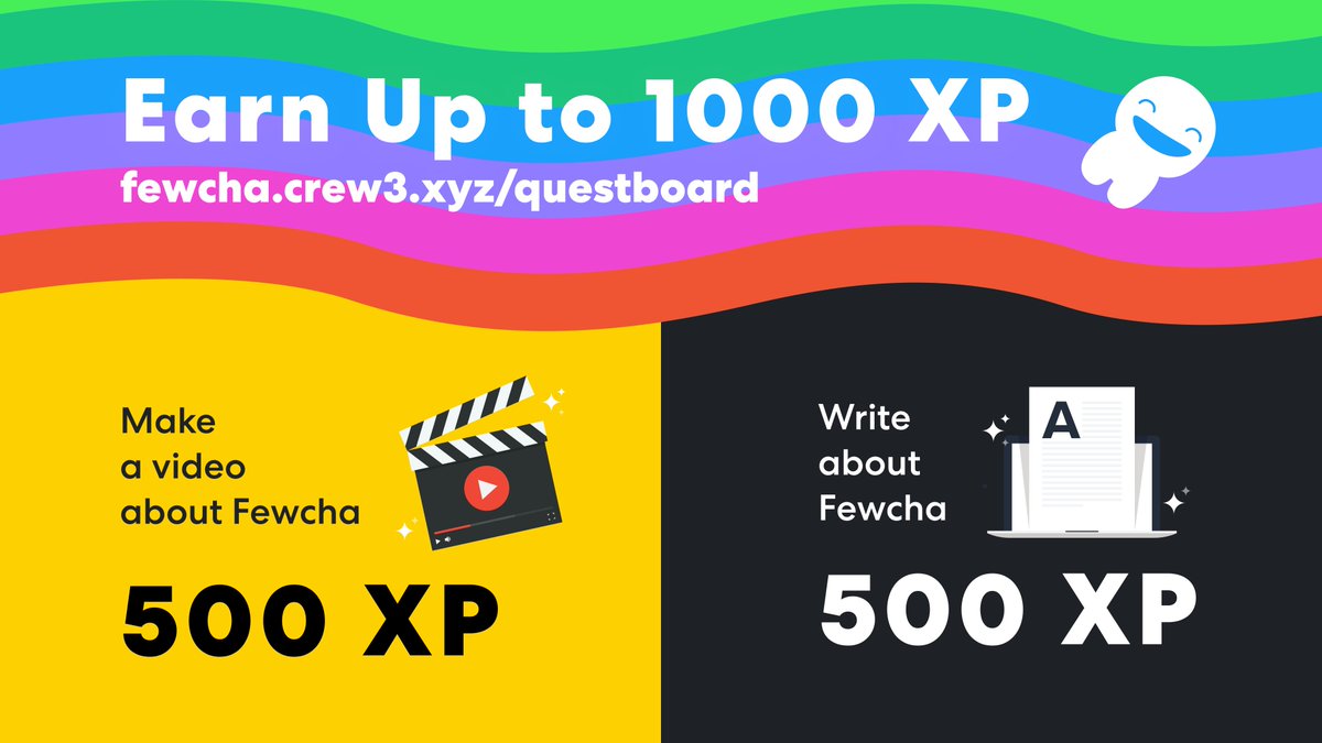 FewchaWallet's tweet image. Hey #Fewcharians, would you like to level up on fewcha.crew3.xyz/questboard faster?

Let's do 2 quests below to earn up to 1000 XP.
Make a video about Fewcha: fewcha.crew3.xyz/questboard/1a5…
Write an article about Fewcha:
fewcha.crew3.xyz/questboard/0a1…