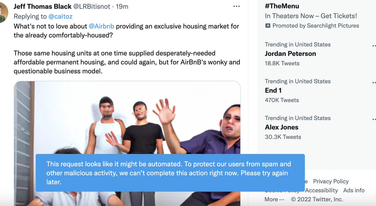 LRBitisnot's tweet photo. Apparently, detailed criticism of oligarchs and predatory corporations on Twitter is now "negative." Apparently, I'll be subjected to the censorship pictured below for the next 3-days when I attempt to retweet or follow. Not to #NegativeTweet, but this is insidious, @elonmusk. https://t.co/g0Ka1h8f0Z