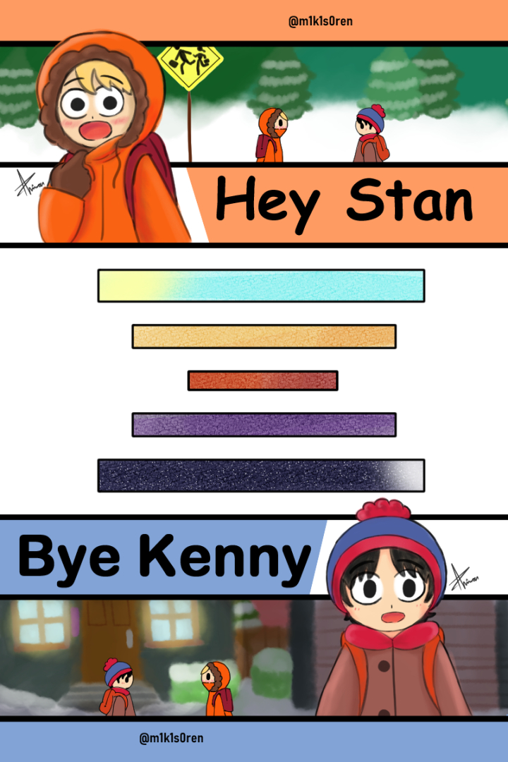 yelokiri's tweet photo. Day 6: 💙Hey Stan - Bye Kenny 🧡

the start and end of a day 💕

#stennyweek2022 #stennyweek #spstenny #SouthPark https://t.co/Xgf1U7yew9