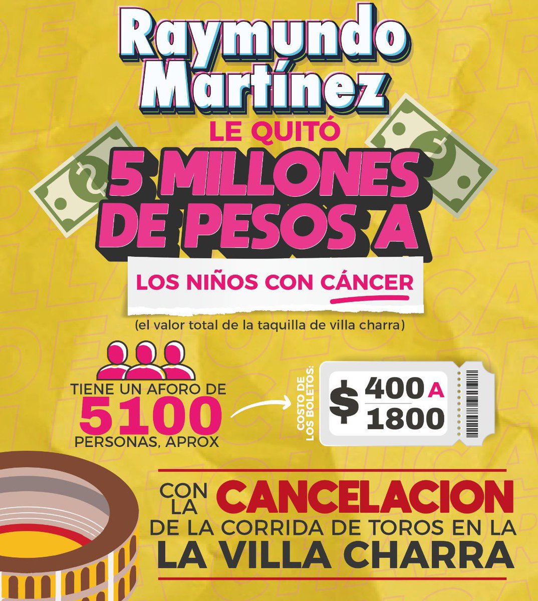 .<a href="/RaymundoMC/">Raymundo Martínez Carbajal</a> le arrebató a los niños de la Fundación Infancia Saludable una buena cantidad de dinero para su rehabilitación 🥲

#LordProhibiciones decidió no dar los permisos correspondientes para una corrida de toros a beneficio de estos pequeños #LosTaurinosTambienVotan