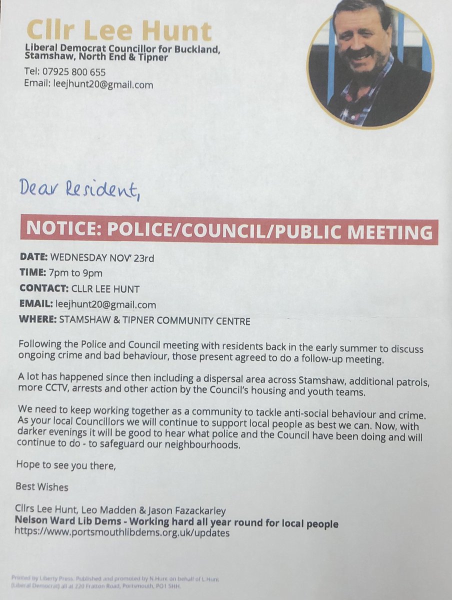 LeeHunt6's tweet photo. Out today with @adair1524 notifying residents about Wednesdayβs #Stamshaw #Tipner Community Centre https://t.co/PHbomPI7cH police/Council public meeting 23rd Nov 7-9pm arranged by #NelsonWard #LibDem team #Portsmouth @portsmouthld @LibDems #WorkingAllYearRound ππΎππ§‘πΆ https://t.co/W8k8Zsvzg6