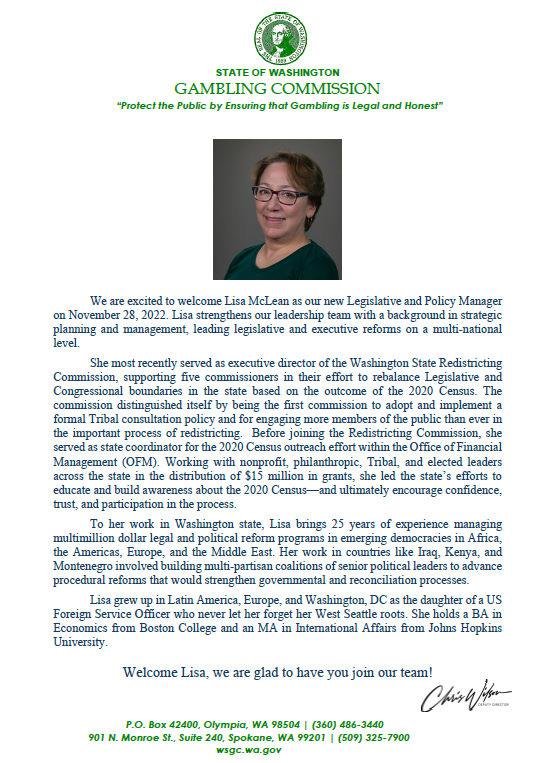 WAGambling's tweet photo. We want to welcome our new Legislative and Policy Manager Lisa McLean to our team starting November 28th. Lisa will strengthen our leadership team with her background in strategic planning and management, leading legislative and executive reforms on a multi-national level.
#WSGC https://t.co/XuHLFt3ZPJ