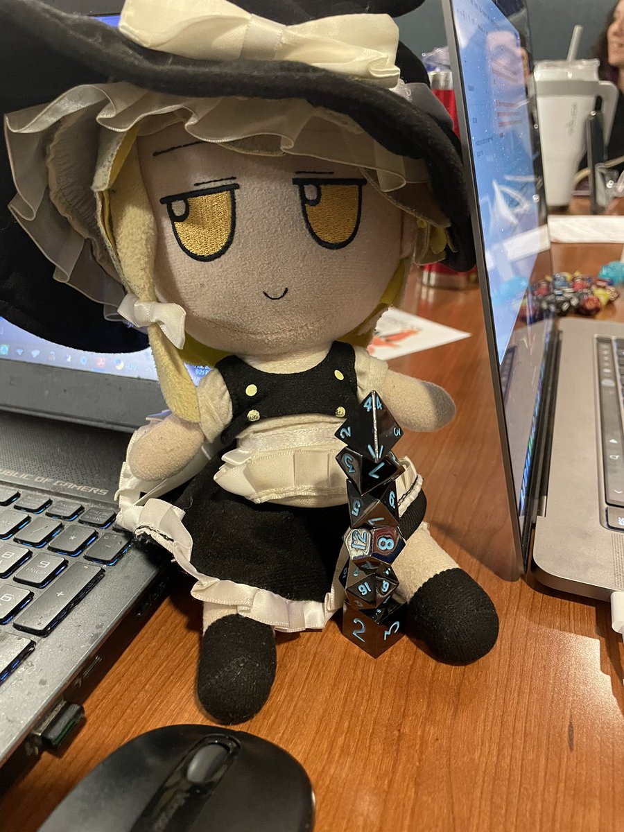FumoAdventures's tweet photo. Happy Fumo Friday all! Marisa was playing DnD the other day and she wanted me to show you all the dice stack she made

She also had a great time! https://t.co/PyB7EeuQsj