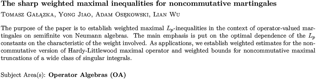 arxiv.org/abs/2211.09358…
T Gałązka et. al.
The sharp weighted maximal inequalities for noncommutative martingales