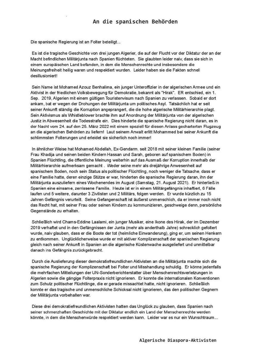 An open letter submitted by pro #Hirak activists from the #Algerian diaspora to the #Spanish authorities, today, November 18, 2022.
To denounce the arbitrary deportation, whose victims were #Mohamed_Abdallah #MohamedBenhlima #BrahimLalami.
#where_is_Brahim_Lalami