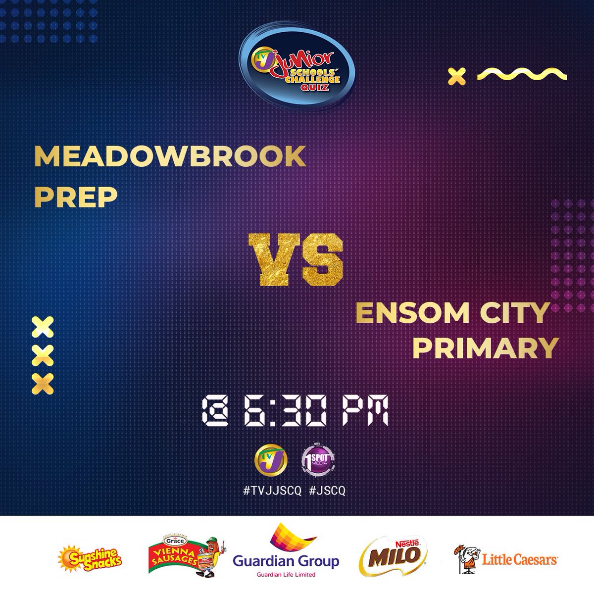 televisionjam1's tweet photo. Here comes more Round 3️⃣ action 🔥 

This evening it's Meadowbrook Prep VS Ensom City Primary. 

Tune into TVJ or https://t.co/QlpDCkYq1G at 6:30 PM to watch this exciting match.

#TVJJSCQ #JSCQ https://t.co/EvFN8UUmUf