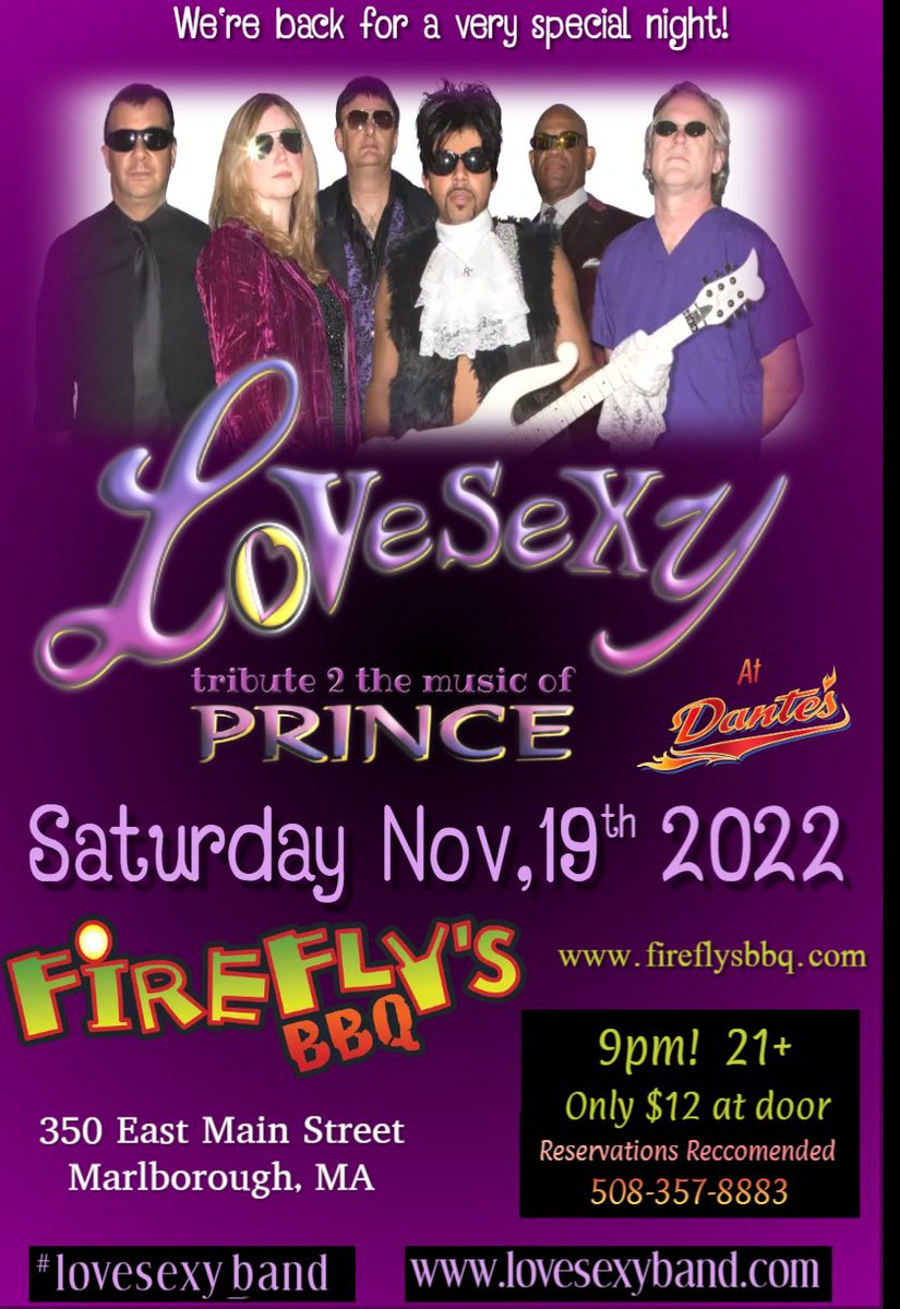 @LoVeSeXy_band  Tribute to the music of PRINCE returns TOMORROW NIGHT to Firefly's BBQ Marlborough, MA. 9pm show.
#princetributebandma #princetributefireflys #fireflysmarlboroughma #lovesexy #lovesexyband #princetribute #newenglandprincetribute #premierprincetribute