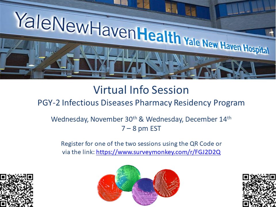 Day_Mac3's tweet image. Interested in an ID PGY2? Join us at one of our virtual info sessions on either 11/30 or 12/14 to learn more about our ASHP accredited program at @YNHH in New Haven, CT. Register at: surveymonkey.com/r/FGJ2D2Q or via the QR code.#IDTwitter #PharmRes @omattacycline @ruxyID @abripenem