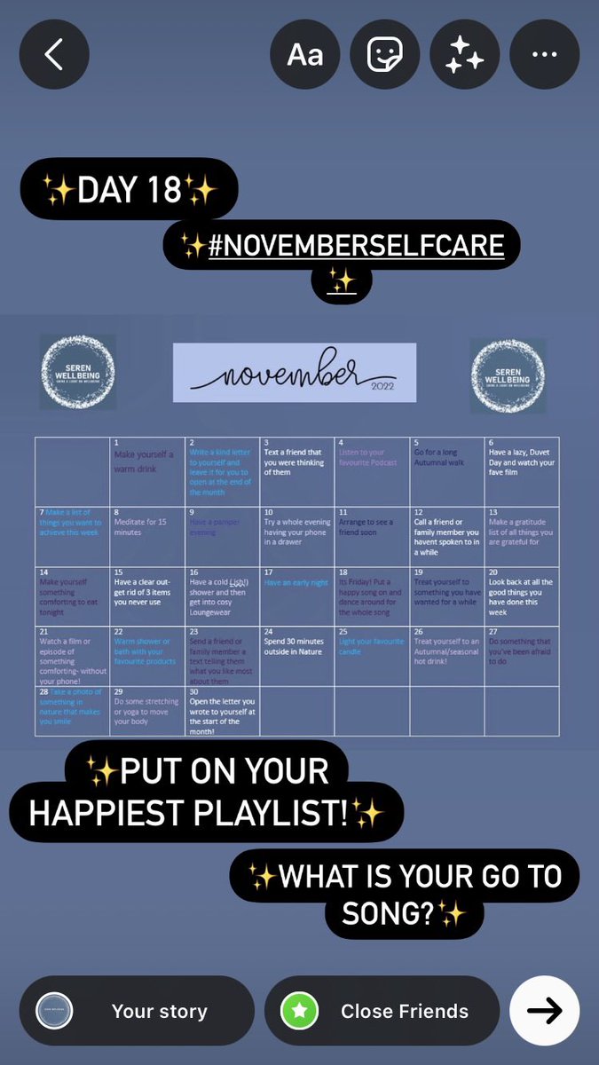 ✨Day 18-put on your happiest song and dance around for the whole song! Don’t worry about feeling silly, just let yourself go and do what you feel like, dance like no one is watching - maybe make sure no one is!✨
