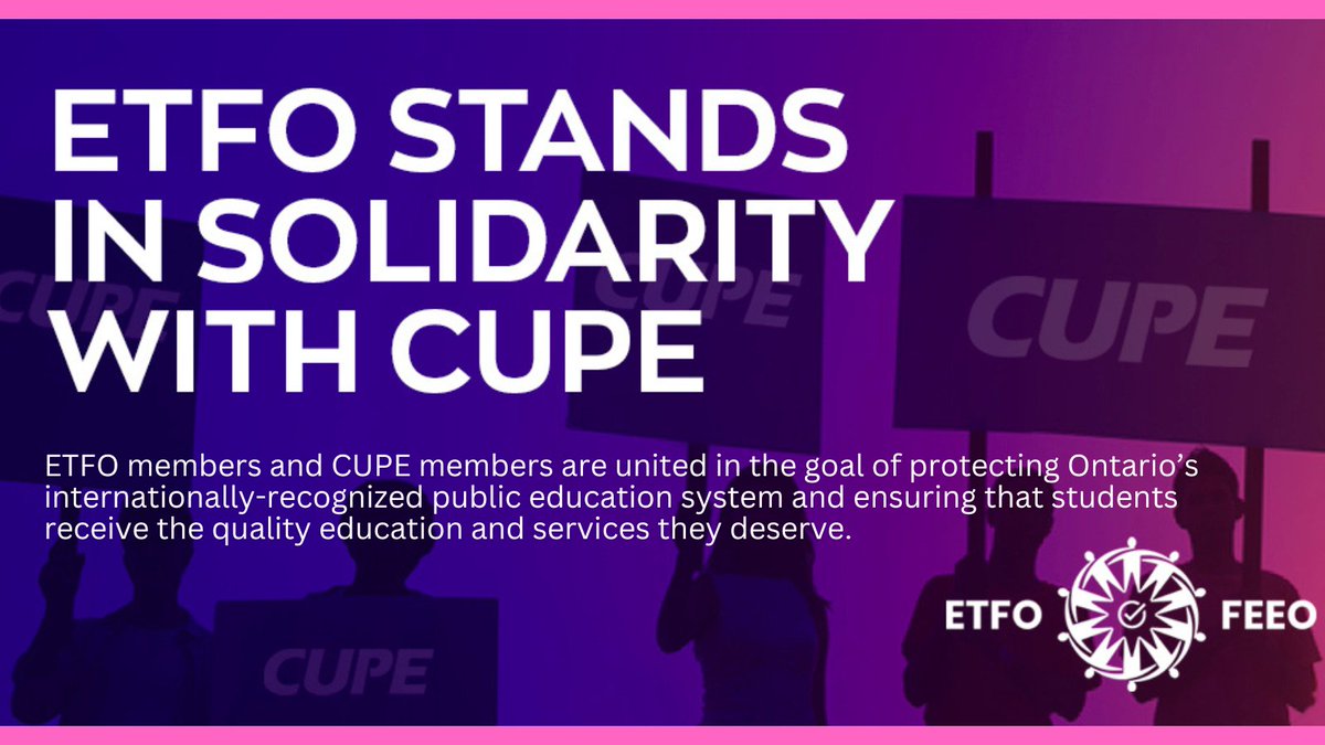 ETFO extends its full support and solidarity to the 55,000 education workers who are members of the Canadian Union of Public Employees – Ontario School Board Council of Unions as they prepare to go on strike. #onpoli #onted #IStandWithCUPE
