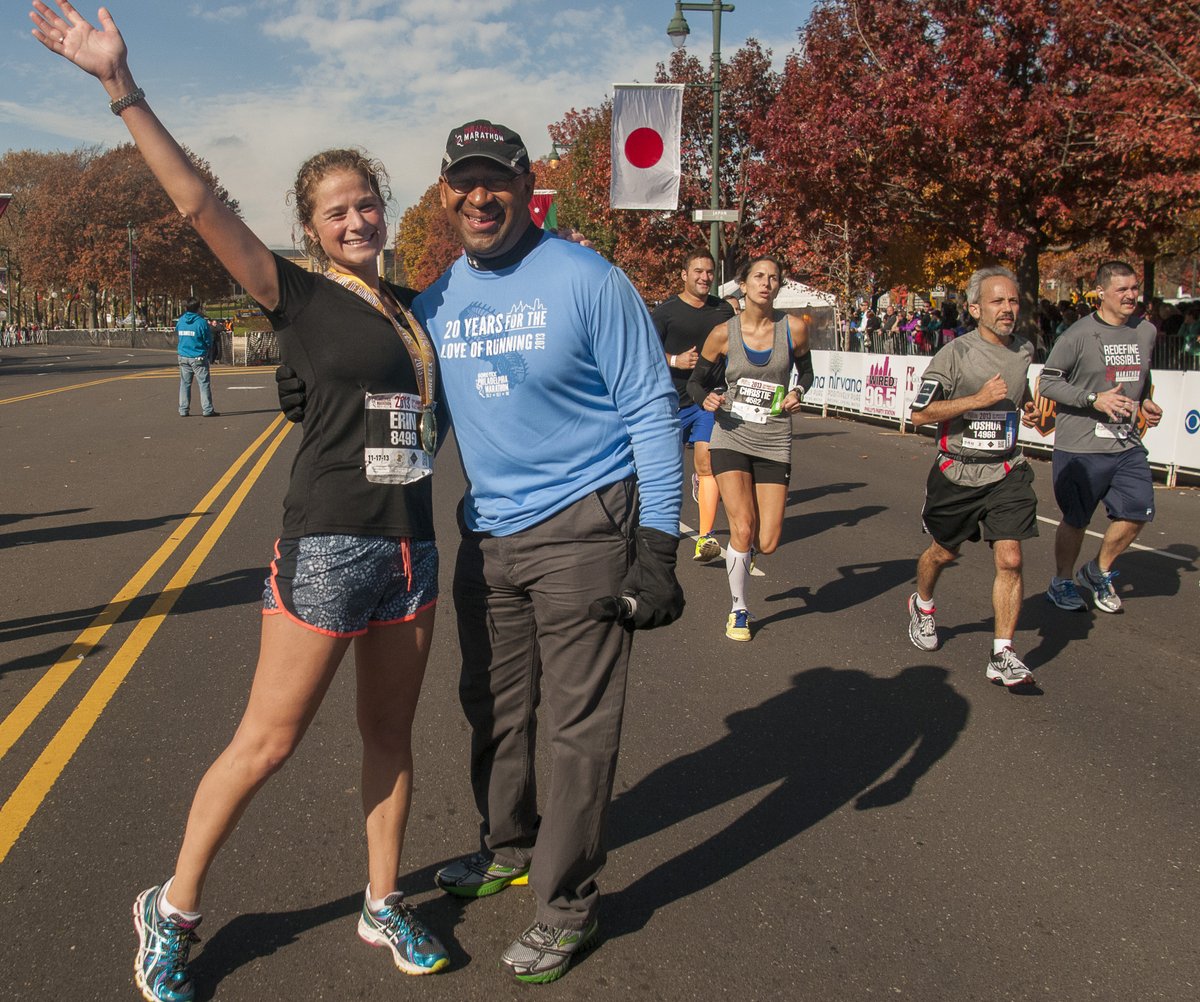 fotosfromphilly's tweet photo. Dr Erin Lally is greeted by Mayor Nutter (11-17- 13) &amp; Gov. Tom Wolf (11-23-14) after completing  @Philly_Marathon @_Nellie_Shields @shamdan95 @oppyseas @JeffersonAlumni @WIO_WomenInOpht @DelValNews https://t.co/K8Os9nHSfj