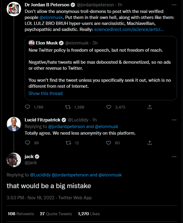 LynAldenContact's tweet image. I agree with @jack. Anonymity online is important.

A fully-doxed internet is Orwellian.

Obviously, spam and impersonation need to be managed. That&apos;s where proof-of-work and anti-spam algorithms can come into play.