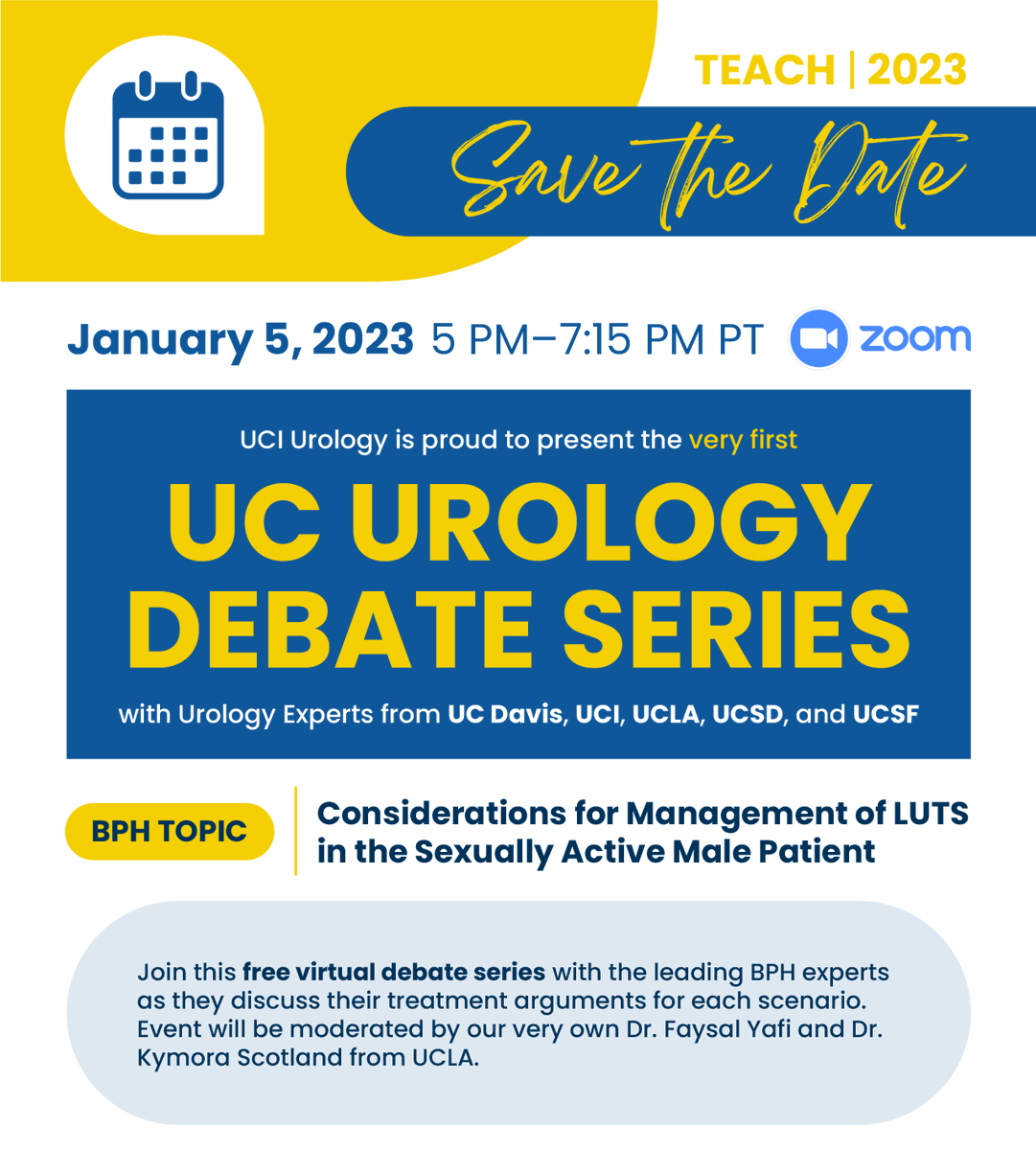 Jaime Landman (@jaimelandmanuci) on Twitter photo The UC Urology Programs (<a href="/UCSD_Urology/">UCSD Urology</a>, <a href="/UCSFUrology/">UCSFUrology</a>, <a href="/UCDavisUrology/">UC Davis Urology</a>, <a href="/UclaUrology/">UCLA Urology</a> & <a href="/UCI_Urology/">UCI Urology</a>) announce the first in a our debate series. Moderated by <a href="/faysal_a_yafi/">Faysal A. Yafi, MD FRCSC</a> and <a href="/DrKScotland/">Dr. Kymora (Kee-more-uh) Scotland MD PhD</a>, experts debate management of LUTS in the sexually active patient. The UC Urology Programs (<a href="/UCSD_Urology/">UCSD Urology</a>, <a href="/UCSFUrology/">UCSFUrology</a>, <a href="/UCDavisUrology/">UC Davis Urology</a>, <a href="/UclaUrology/">UCLA Urology</a> & <a href="/UCI_Urology/">UCI Urology</a>) announce the first in a our debate series. Moderated by <a href="/faysal_a_yafi/">Faysal A. Yafi, MD FRCSC</a> and <a href="/DrKScotland/">Dr. Kymora (Kee-more-uh) Scotland MD PhD</a>, experts debate management of LUTS in the sexually active patient.