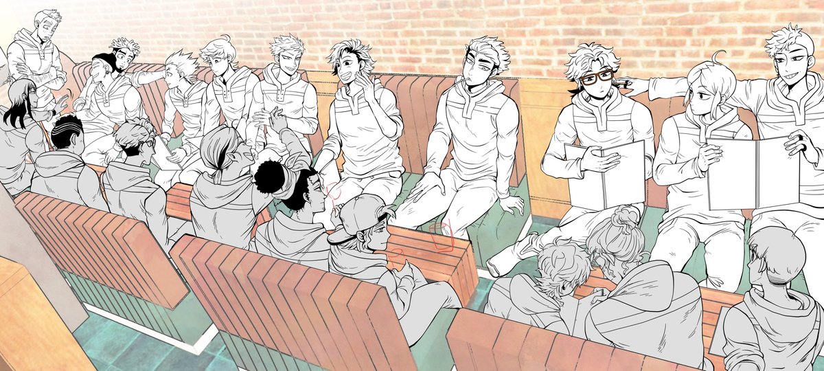flamboYAAnt's tweet photo. I will not give that panel to my flat assistant to color it, I am not a monster LOL

I am quite happy with how different all of their faces look. Drawing a group panel is way more fun to me if it's not the same design over and over again https://t.co/UQ1TnzrnDa
