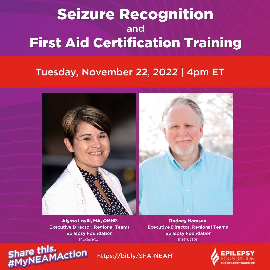 EpilepsyFdn's tweet photo. What is your #NEAMAction? Knowing how to help someone during a seizure can make a difference and save a life! Join the Seizure Recognition and First Aid Certification Training Tuesday, November 22 at 4:00 p.m. EST. Register today: https://t.co/biS069Hzjq #MyNEAMAction #NEAM2022 https://t.co/VQKRFKacUX