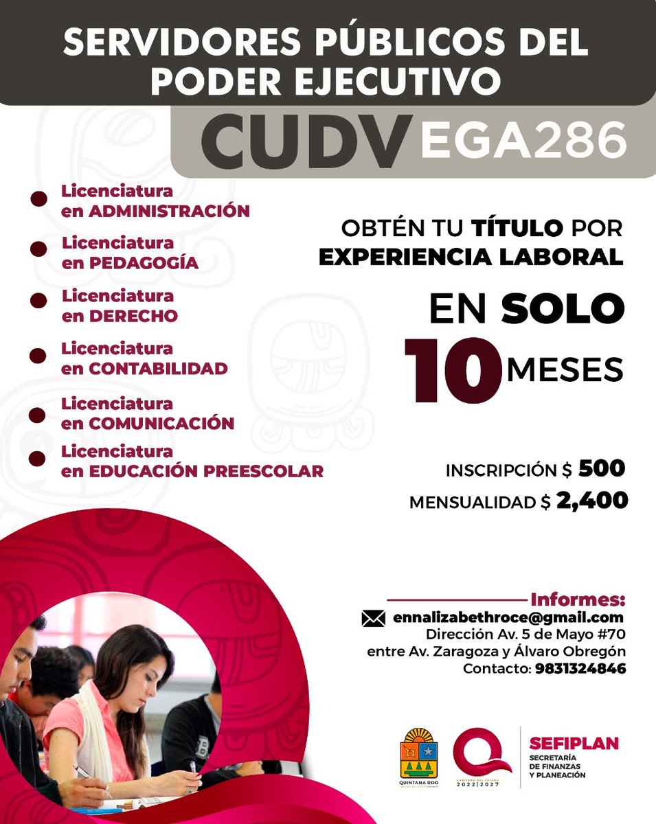 MiPortalQRoo's tweet photo. ¡TITULATE por experiencia laboral en 10 meses!
La @Sefiplanqroo en alianza con el Centro Universitario de Desarrollo Vanguardista #CUDV pone a tu disposición esta oferta educativa avalada ante la SEP y SEQ, cuentan con RVOE Federal.
¡No lo pienses más!
Informes al: 9831324846 https://t.co/LJkNXxuGXG