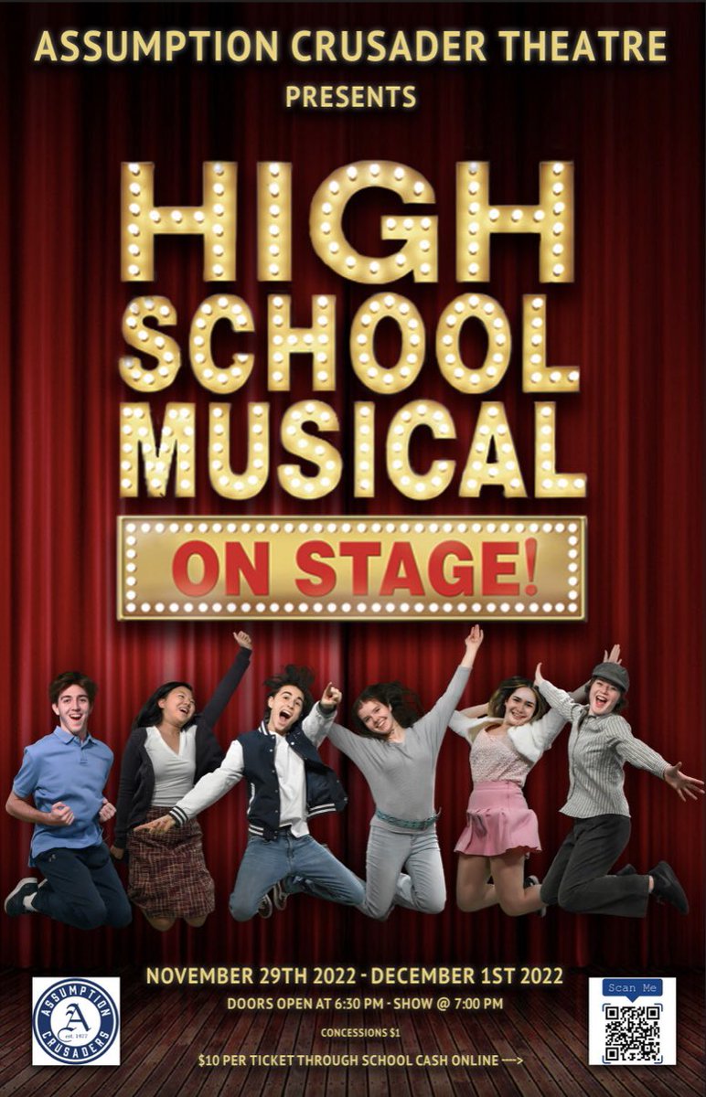 A.C.T. proudly presents Disney’s High School Musical on stage at Assumption Tuesday November 29th, Wednesday November 30th and Thursday December 1st 2022 📣♥️🎭🦁🏀 Tickets are $10 on school cash online! <a href="/AssumptionHCDSB/">Assumption</a> <a href="/ClarkMcdougall/">Principal Assumption CSS</a>  🎟🎟🎟 hcdsb.schoolcashonline.com/Fee/Index/6/Fa…