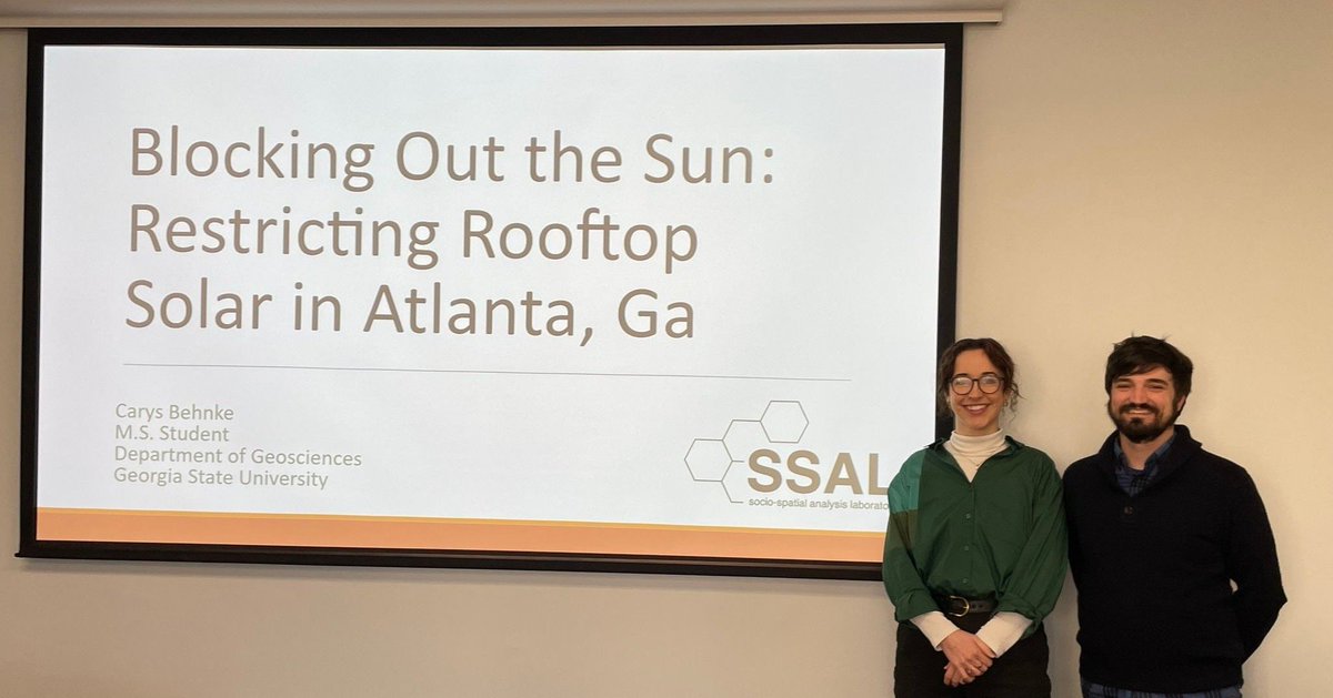 GSUGEOS's tweet photo. A Friday congratulations goes out to Carys Behnke @caryswithay on the successful defense of her M.S. thesis, "Blocking Out the Sun: Restricting Rooftop Solar in Atlanta, Georgia", advised by Dr. Taylor Shelton! 🙌🥳🥂 https://t.co/J1JKq3zqm2