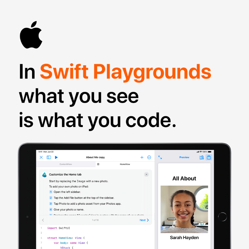 AppleEDU's tweet photo. This Computer Science Education Week is the perfect time to give coding a try. Download Swift Playgrounds for iPad and Mac and help students get started with their coding journey. 👣