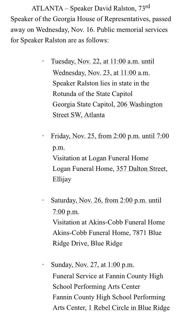 The state has released details of House Speaker David Ralston’s memorial services. He will lay under the Gold Dome for 24 hours starting next Tuesday at 11am. #gapol