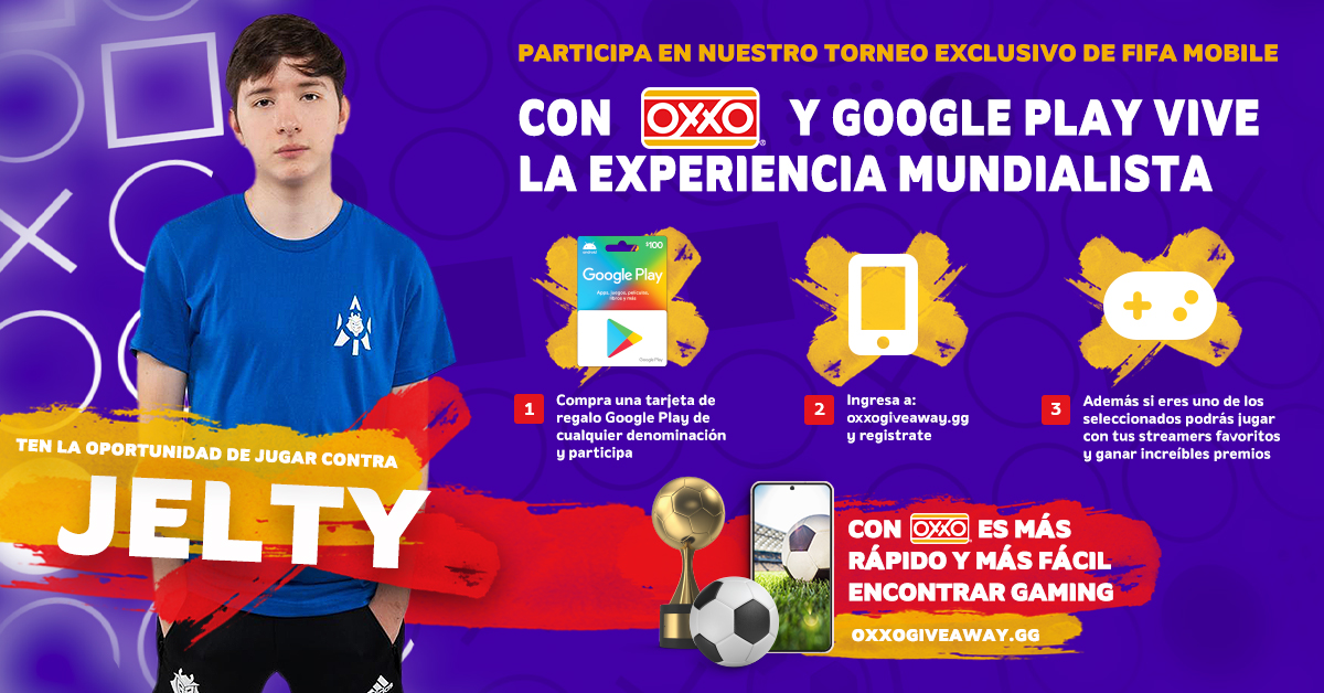 Tiendas_OXXO's tweet photo. Anímate y juega contra @JeltyTV en FIFA Mobile y gana un Samsung Galaxy S22. Participa en una experiencia exclusiva para
celebrar la copa del mundo con OXXO y GooglePlay. 
Para participar, regístrate en:
https://t.co/Z0RGoqfzqZ y obtén más información. https://t.co/5ZJvNEQJPY