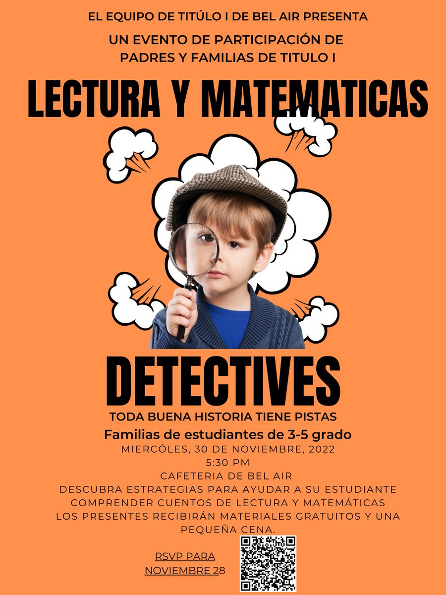 Please join us on Wednesday, November 30 at 5:30 pm at the Bel Air cafeteria. We're going to be reading and math detectives! Let's solve some mysteries. Please respond that you are joining us using the link below. 
forms.office.com/r/Zs7HZzsAMU
#BAESShines