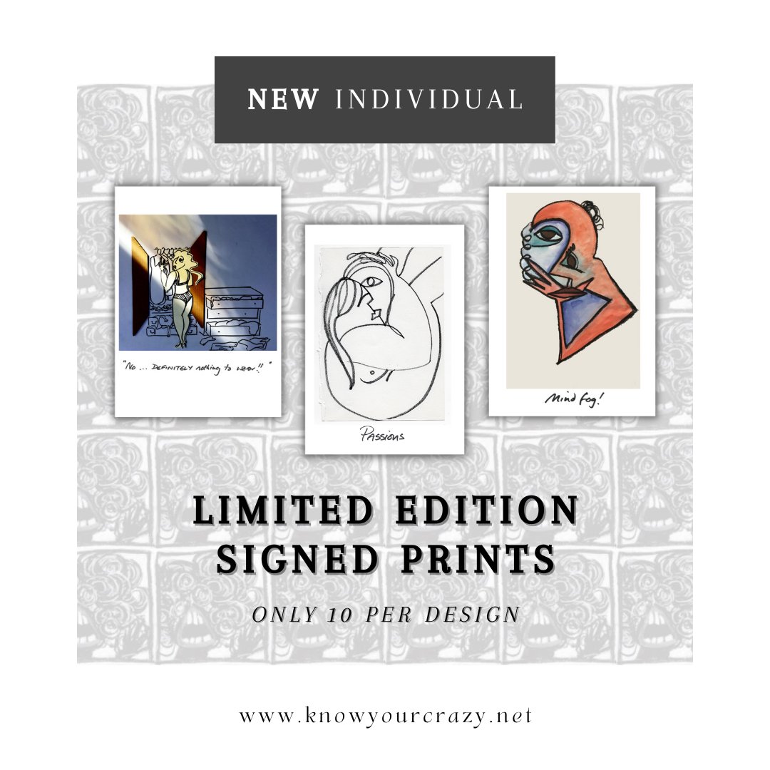 🚨SURPRISE!🚨 Autographed Limited Edition Prints of "No ... Definitely Nothing To Wear", "Passions", and "Mind Fog" are now available! Get these new "crazy" essential art prints on our website today!!!

🔗: knowyourcrazy.net/shop

#artprint #art #KYC #Prints