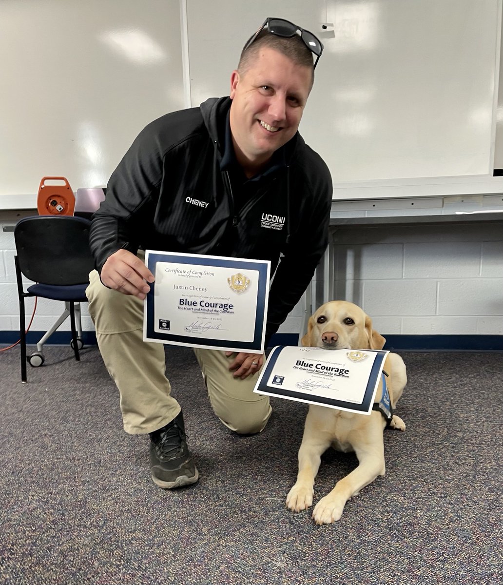 bluecourage's tweet photo. BC specially recognizes the 1st K-9 “Officer Tildy” (the UCONN Therapy Dog) to complete the 2-day class! She attended the TTT, but struggled with the teach backs! Justin will continue to coach her….
#BlueCourage #leleadershipdevelopment
#CTPoliceAcademy #k9cops #bethechange https://t.co/ApHLQpFA3y