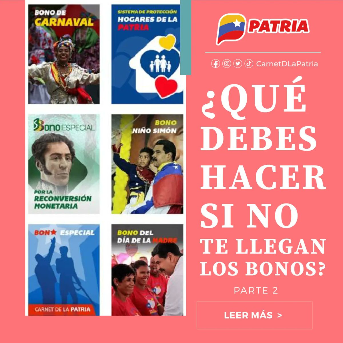 CarnetDLaPatria's tweet photo. #ATENCIÓN ¿Qué debes hacer si no te llegan los bonos? 
👉🏼 Parte II 
El #SistemaPatria, ofrece respuestas a preguntas más frecuentes planteadas por nuestros usuari@s.

#PueblosUnidosYVictoriosos #18Nov https://t.co/4kz8PfLwnJ
