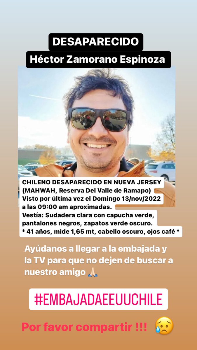 Cooni_nm's tweet image. Ayuda !!!!!!!
@EmbajadaEEUUcl 
@meganoticiascl 
@MuchoGustoMEGA 
@chilevision 
@GobiernodeChile 
@TVN 
@canal13 

#HectorZamorano
#ChilenoDesaparecido
#EmbajadaEeuuChile