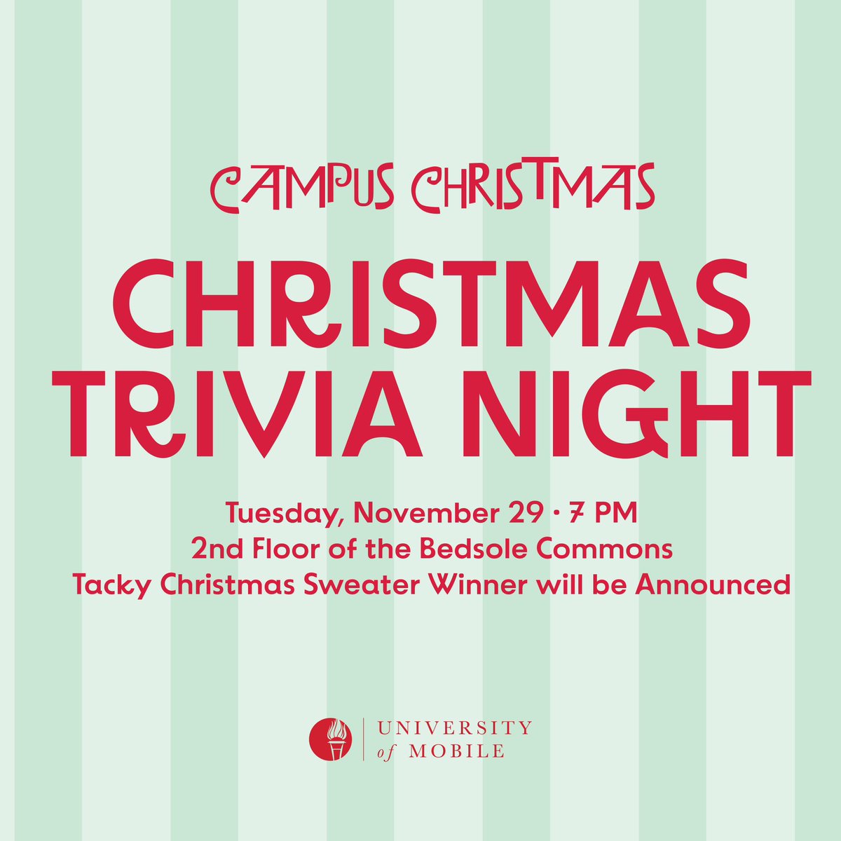 STUDENTLIFEUM's tweet photo. 🎄CAMPUS CHRISTMAS DAY 2!🎄Christmas Trivia Night!!! Tuesday • November 29th • 7 pm https://t.co/ZqprhutKuC