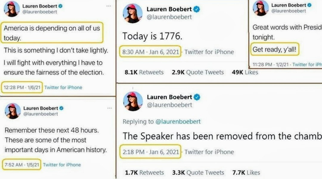 donwinslow's tweet image. These were Lauren Boebert&apos;s tweets on January 5 and January 6. She was never subpoenaed by the January 6 committee and was re-elected today.