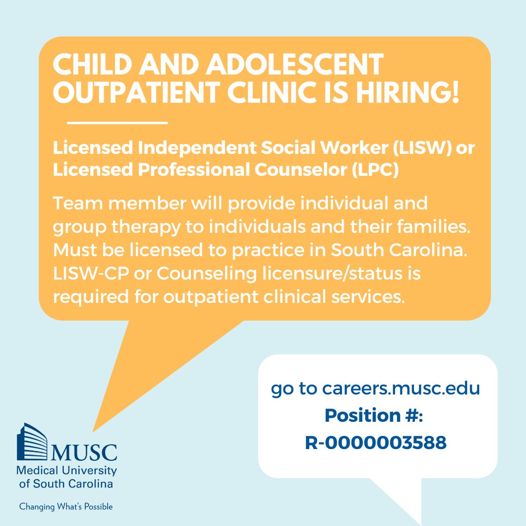 MUSCYouthCollab's tweet image. The Child and Adolescent Outpatient Clinic is hiring!

They are looking for an Licensed Independent Social Worker (LISW) or Licensed Professional Counselor (LPC)

Click the link: musc.career-pages.com/jobs/licensed-…
or go to careers.musc.edu and search Position #: R-0000003588!