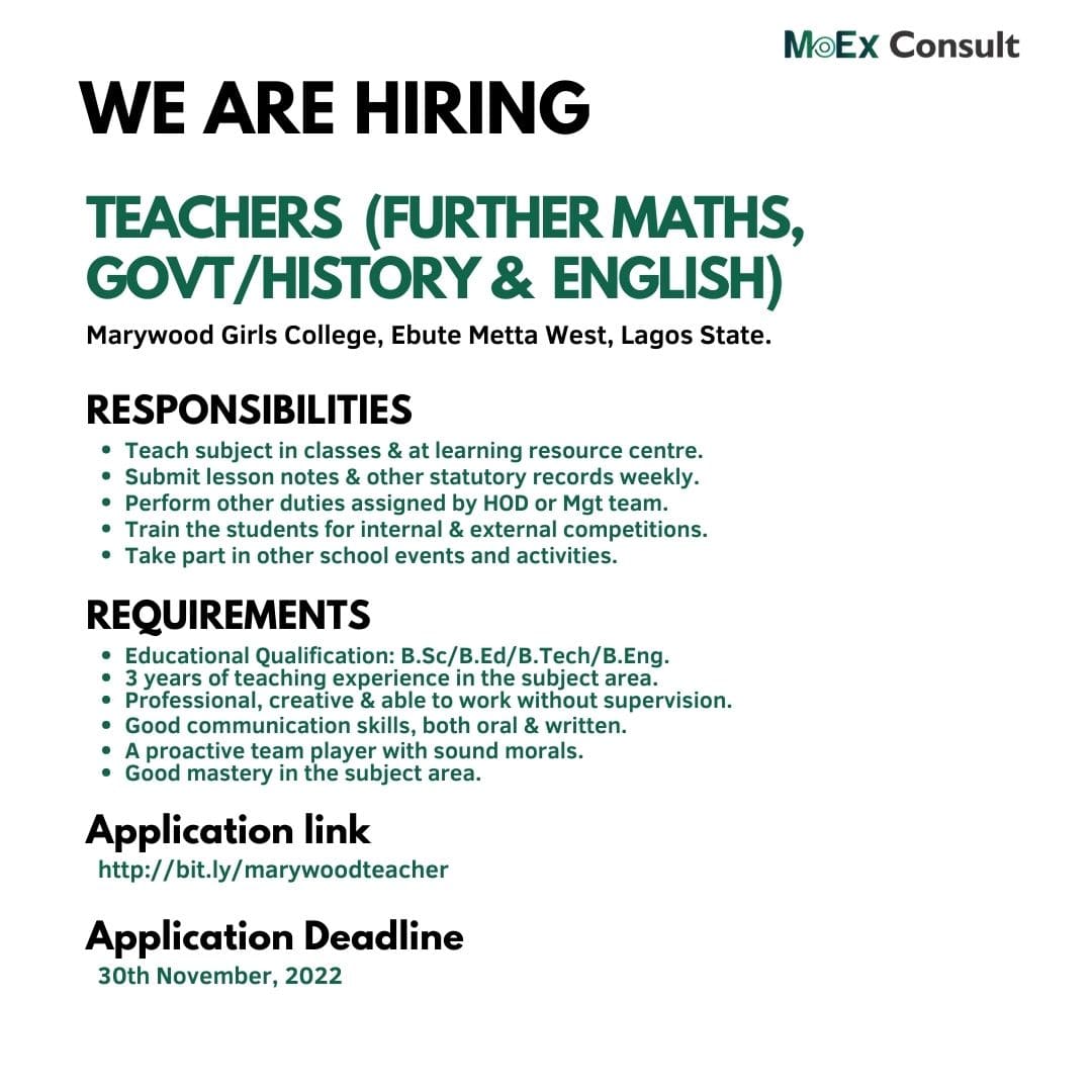 Further Maths, History/Government &amp; English Teachers needed at Marywood Girls College, Ebute Metta, Lagos

Interested candidates should apply via the link:
bit.ly/marywoodteacher 
.
#recruitment #hiring #staffing #lagosjobvacancies
#lagosjobs #lagosjobseekers # #lagosjobsearch