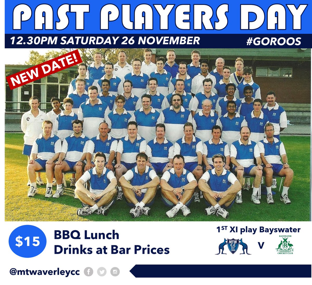 One week to go until our PAST PLAYERS DAY - from 12.30pm, Sat 26 Nov.

The 1st XI will be playing local rivals <a href="/bayswatercc/">Bayswater CC</a> and the BBQ will be fired up all afternoon!

All past players and supporters of the Club are welcome during the day.

#goroos