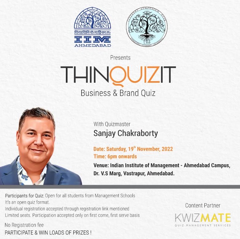 LSD_IIMA's tweet photo. @IIMAhmedabad and @LSD_IIMA present THINQUIZIT Business and Brand Quiz, open to all management students, at CR 7 IIMA New Campus, 19 November, 6 PM https://t.co/YnjsbhXfxT