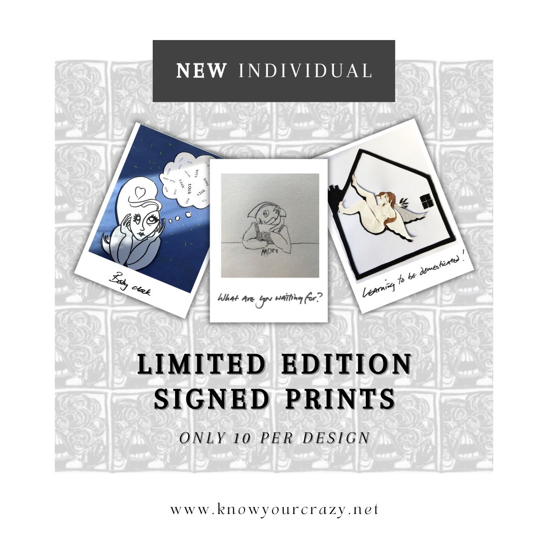 If yesterday's prints weren't enough, treat yourself to one of these "crazy" essential prints! "Body Clock", "What Are You Waiting For?", and "Learning To Be Domesticated" are live on our website as Autographed Limited Edition Prints.

🔗: knowyourcrazy.net/shop
#artprints #art