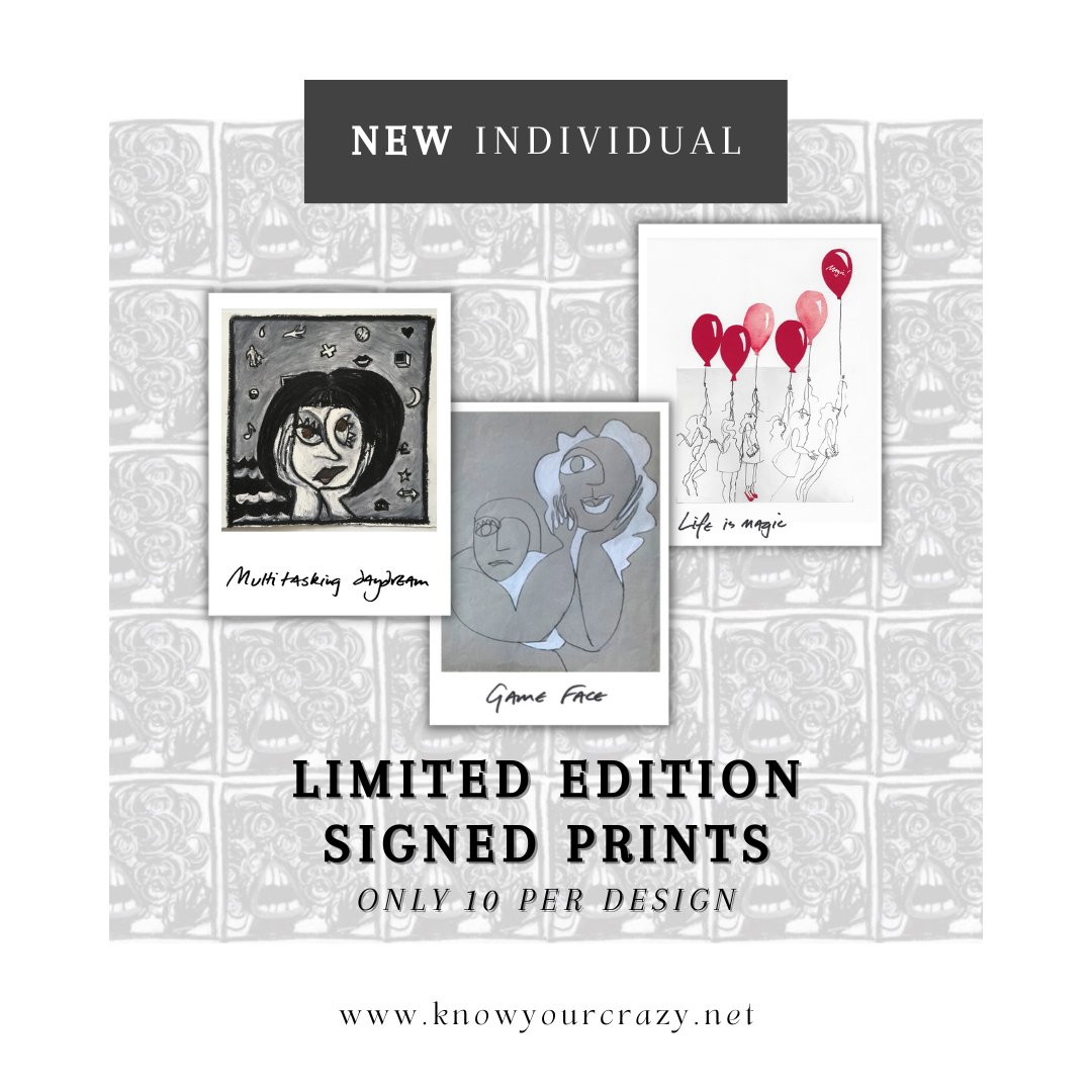 Your "crazy" essential prints are dropping 3 more to the collection. Autographed Limited Edition Prints of "Multitasking Daydream", "Game Face", and "Life Is Magic" are now available on our website! 

🔗: knowyourcrazy.net/shop
#artshare #artprints #ArtistOnTwitter
