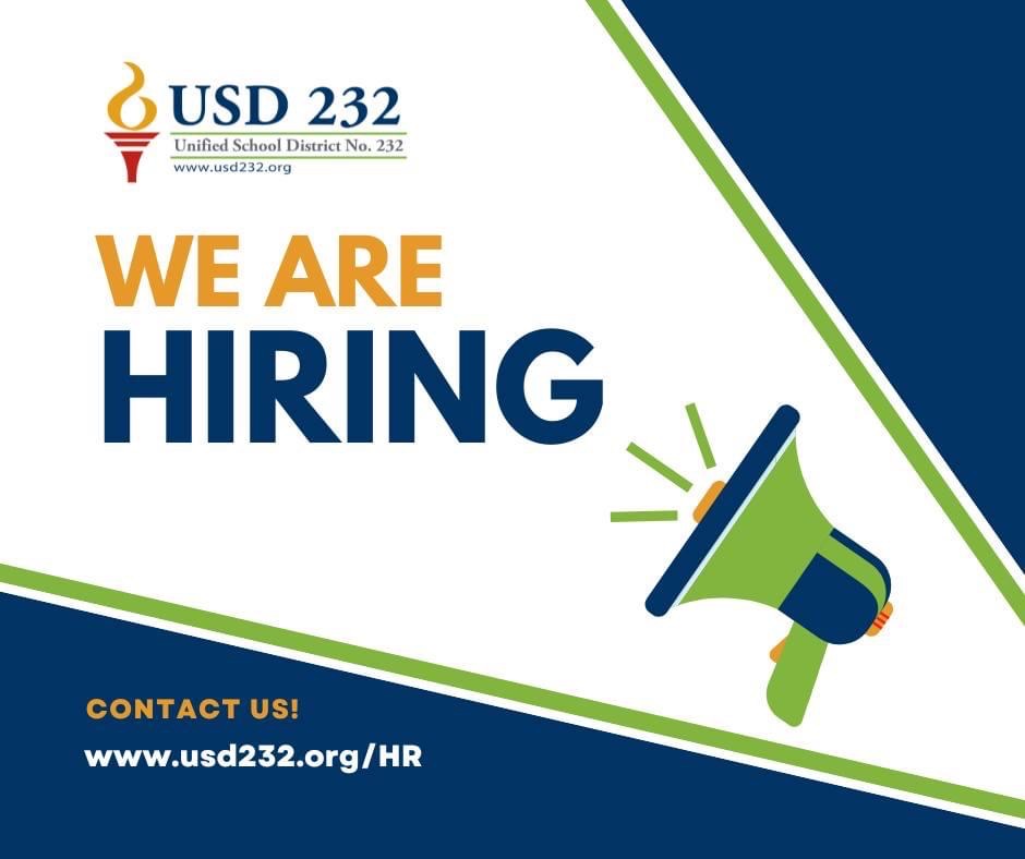 Please like and follow our new USD 232 Human Resources Facebook page.  

Check out our current job opportunities:  usd232.org/hr