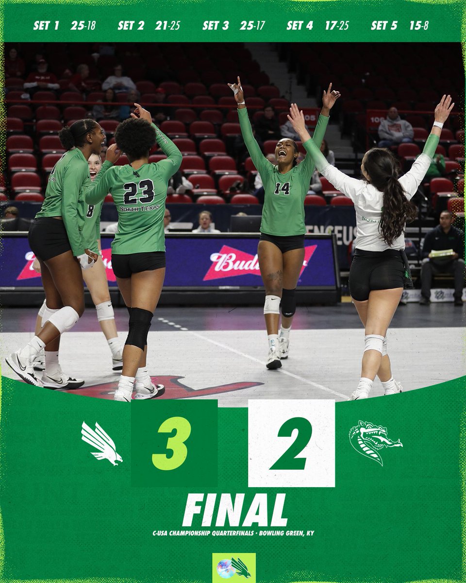 LIGHT THE TOWER!

North Texas win a five-set thriller and will play in the C-USA Semifinals for the first time since 2018.

#GMG 🟢🦅
