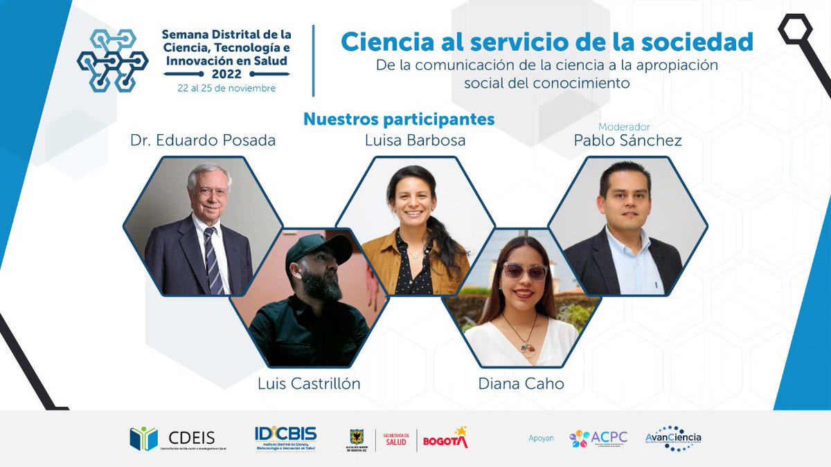 Participa en en la franja dedicada a la  Ciencia al Servicio de la Sociedad este 22 de noviembre de 2:00pm a 4:00pm en el marco de la Semana Distrital de la CTeI en Salud 2022.

Inscríbete aquí: bit.ly/3Om0pKT

<a href="/SectorSalud/">Secretaría Distrital de Salud</a> 
<a href="/IDCBIS/">IDCBIS</a> 
<a href="/LRCastrillon/">#ElEditordelaSemana</a>