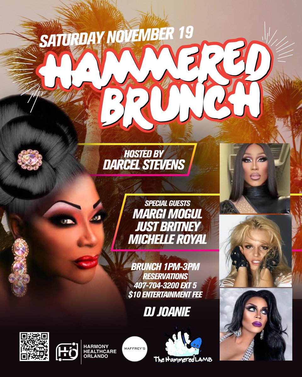 Saturday, November 19 “PERFECT” drag weather; just a nip of chill in the air with plenty of sunshine.  
From 1pm-3pm spend a your afternoon at HAMMERED BRUNCH at The Hammered Lamb!!  With delicious food, strong cocktails, and kick ass Drag Show
RSVP now!  
407 704 3200
