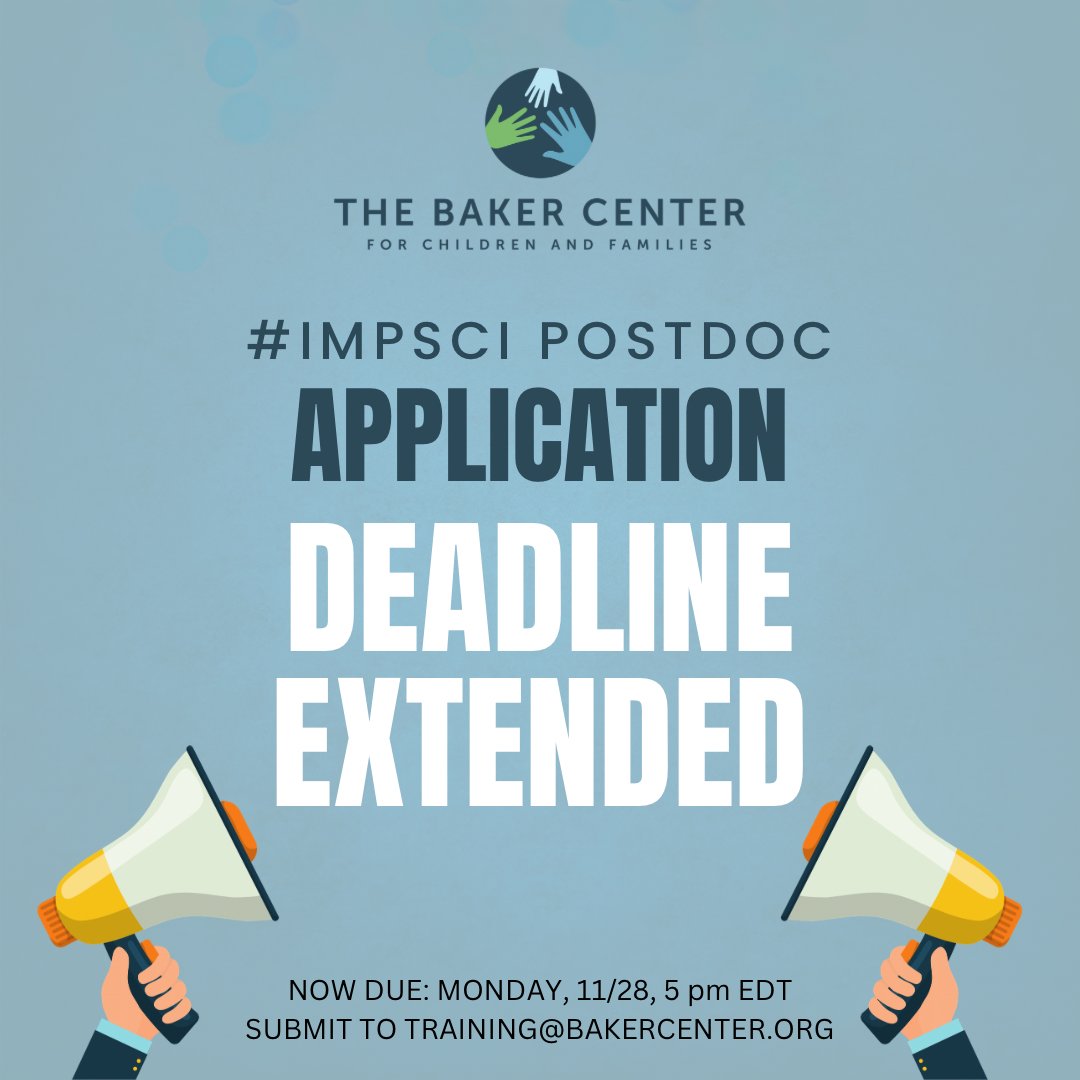 We’re having so much fun meeting people at #ABCT2022 that we are extending the deadline for our #impsci postdoc <a href="/BakerCntr/">The Baker Center for Children & Families</a>. I’ll be sharing why I love my job tomorrow at 4 pm in Winter Garden/Palace, 6th fl. <a href="/dis_sig/">DIS-SIG</a> 
<a href="/ABCTNOW/">Association for Behavioral and Cognitive Therapies</a> <a href="/ImplementCollab/">SIRC</a>

bakercenter.org/postdoc-fellow…